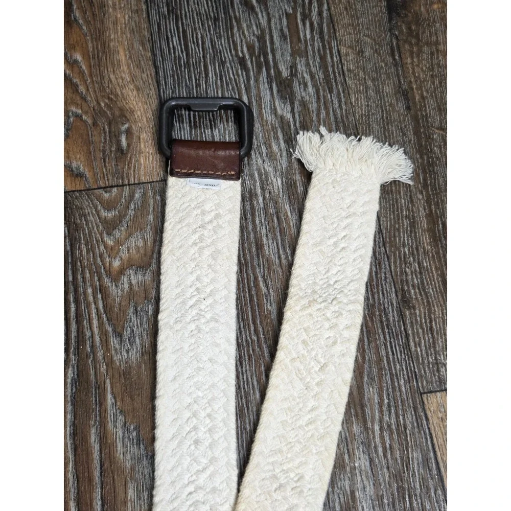 American Eagle Mens Braided Web Belt Cream Cotton Leather D-Ring Buckle AEO